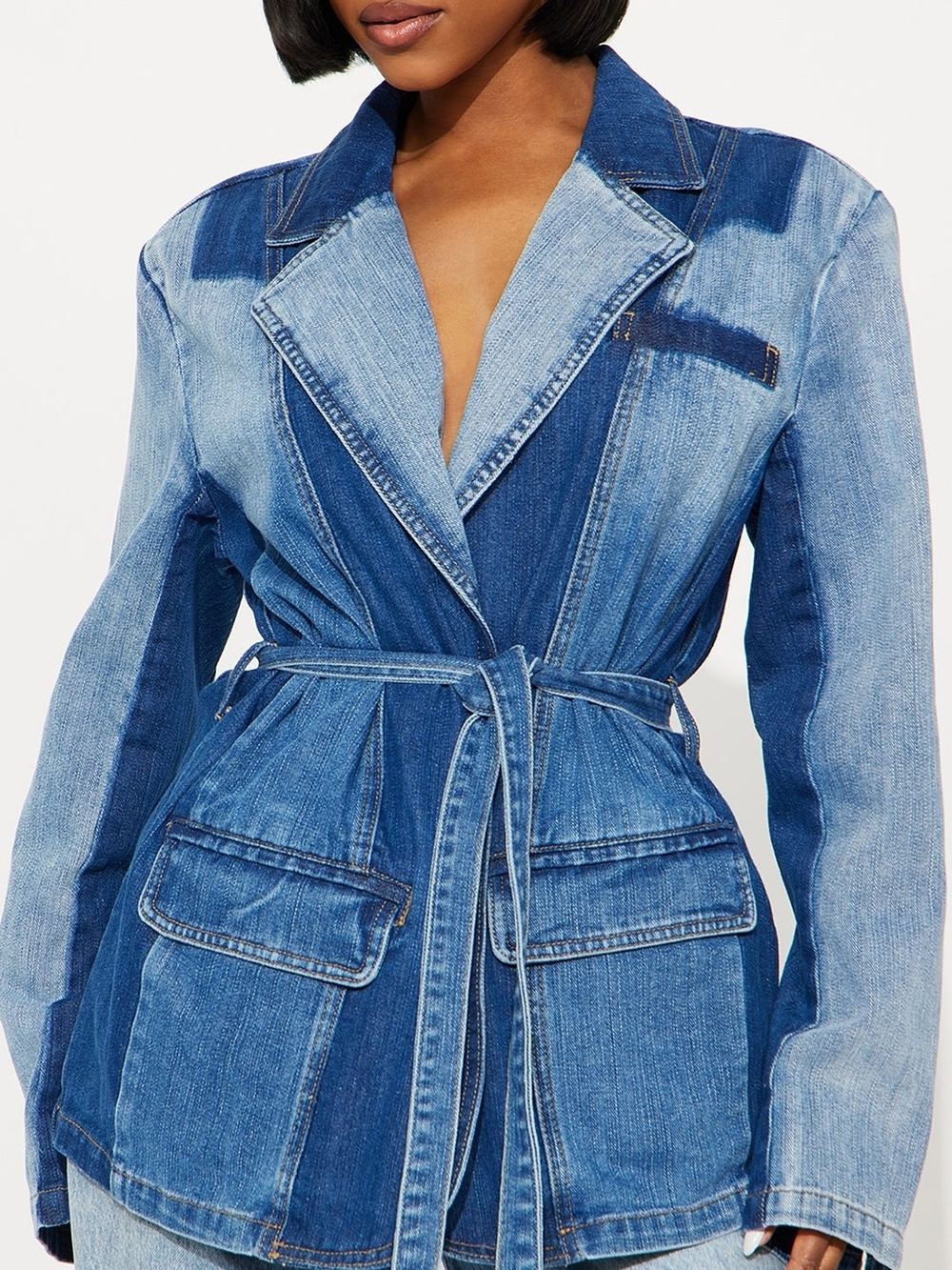 NWT Women's Patchwork Blue Denim Belted Jacket
